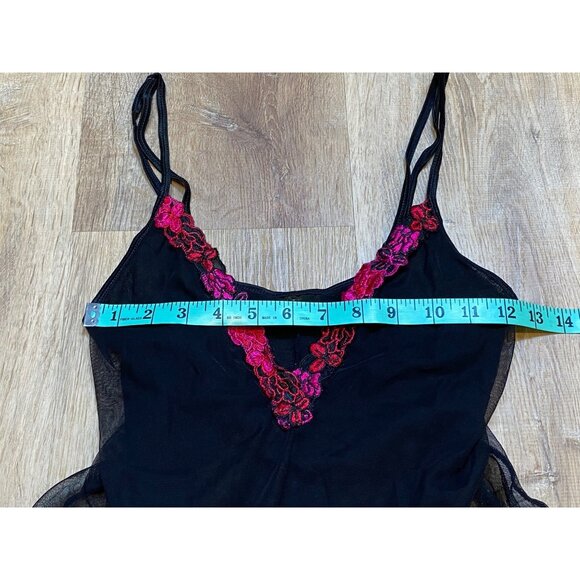 90s/Y2K Fredricks of Hollywood Black Sheer Babydoll Lingerie With Bright Pink Fl - Picture 3 of 9
